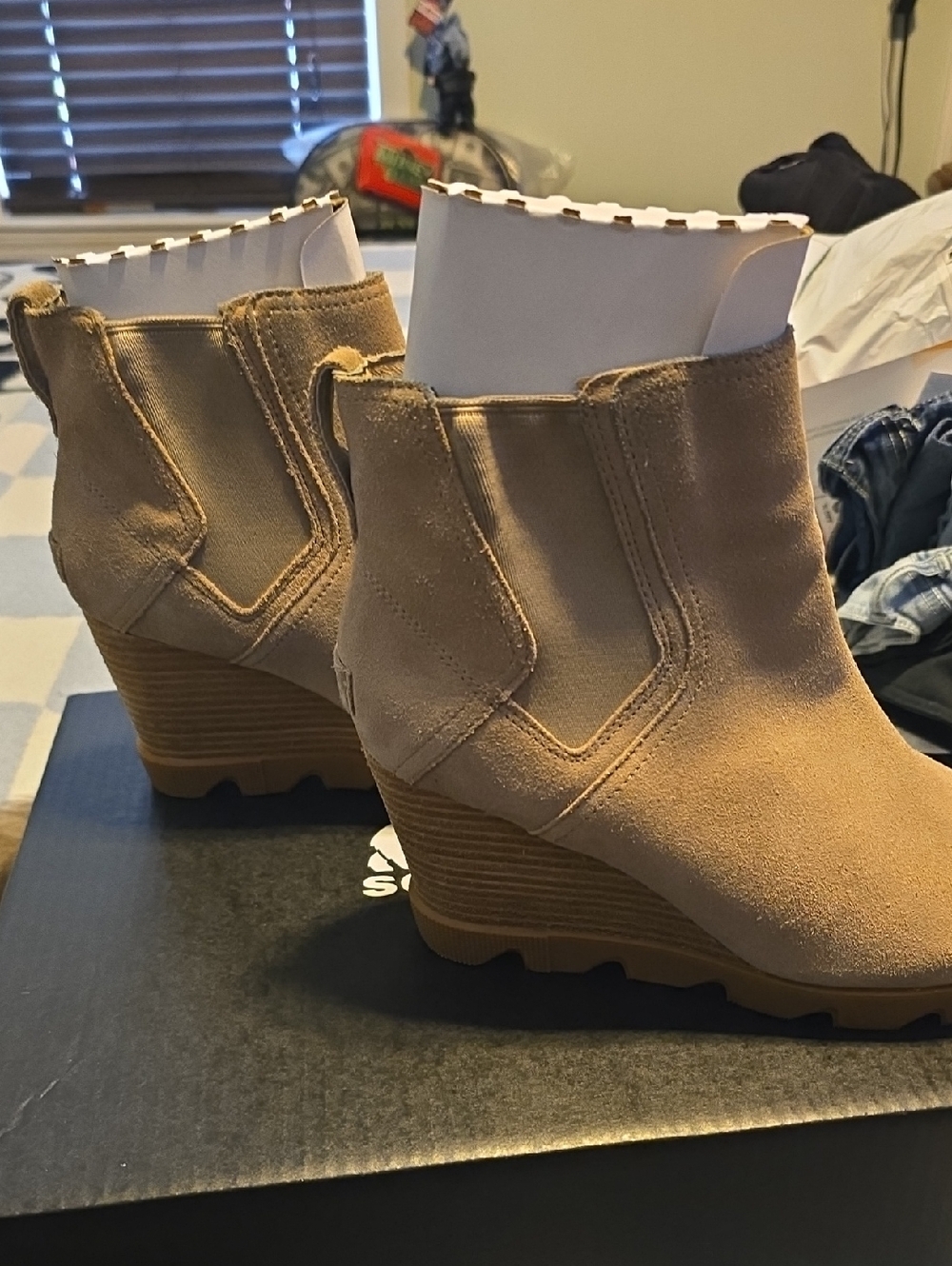 Suede Wedge Ankle Boots in Light Tan - Women's Casual Chelsea Style